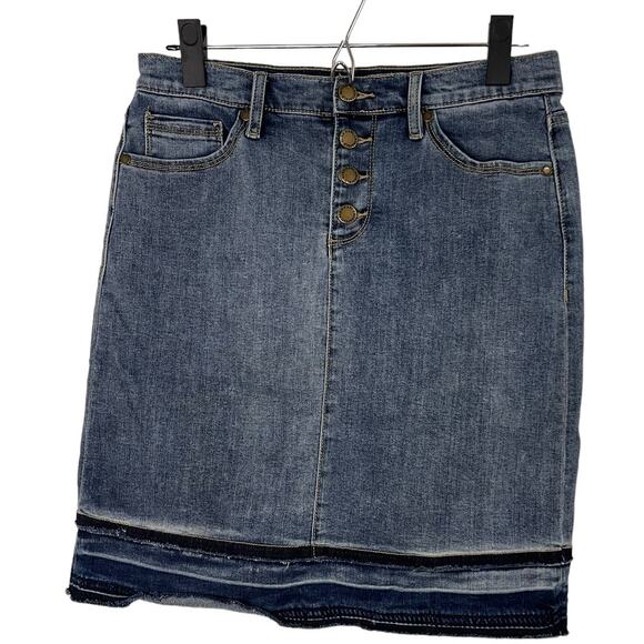 Karl Lagerfeld Paris Denim skirt with button fly and raw, released hem- 6 - Picture 1 of 6